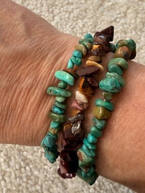 Turquoise and Mixed Stone Stretch Chip Bracelet Set of 3